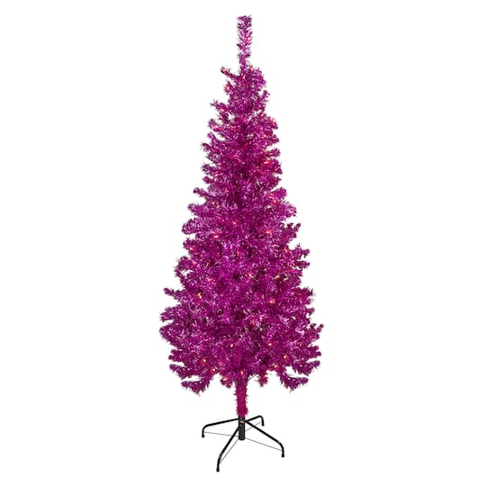 6ft. Pre-Lit Pink Tinsel Artificial Christmas Tree, Clear Lights